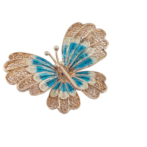 Chinese Export 1970s Blue Enamel Butterfly Pin Brooch Filigree 900 Silver - Picture 3 of 11
